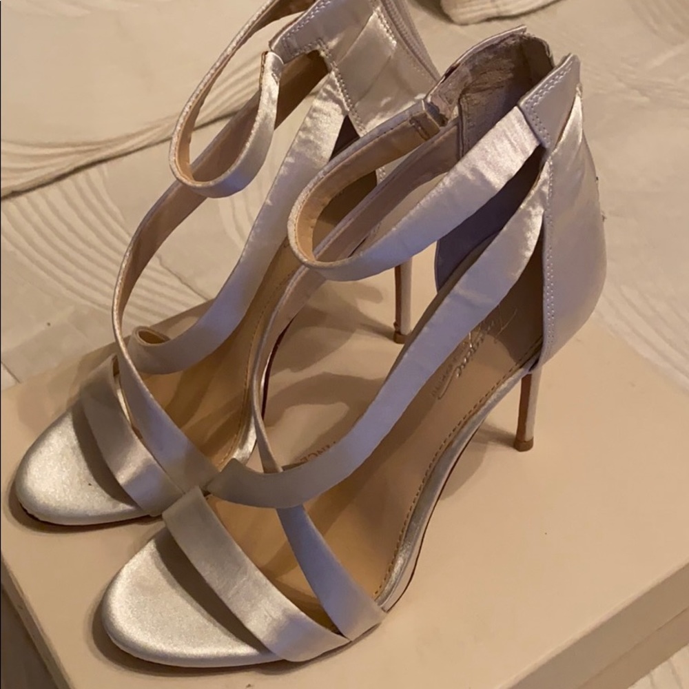 White Silver Luster Satin Heels by Vince Camuto.